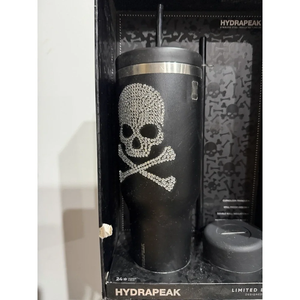 Hydrapeak 40oz Halloween Bling Skull Black Stainless Steel Tumbler New Damaged